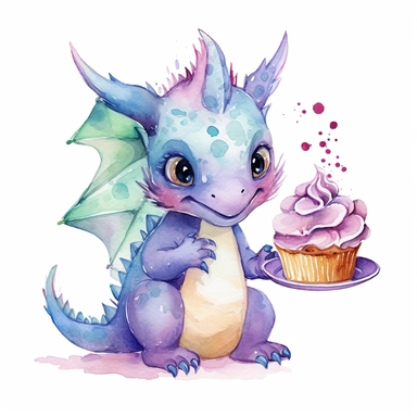 Cute happy Watercolor cake Baby Dragon Clipart, on a white background