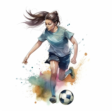 Watercolour of a teenage girl playing football , Clipart,Cartoon,hyper realistic, intricate detail isolated on a white background, high quality, sublimation, detailed, cartoon style
