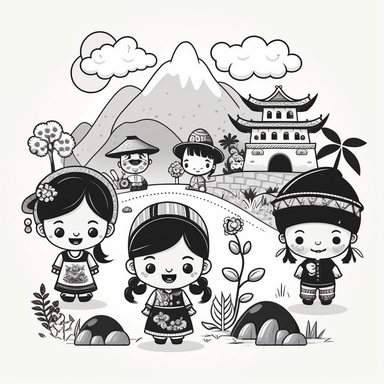 Landscape, simple, traditional costume, local food, animal, educational, history, and cultural diversity, clipart style, cute, picture book style, captivating, kid friendly cute character, black and white, coloring book, not color style, cartoon style, vector image, simple, line art style, character, white background