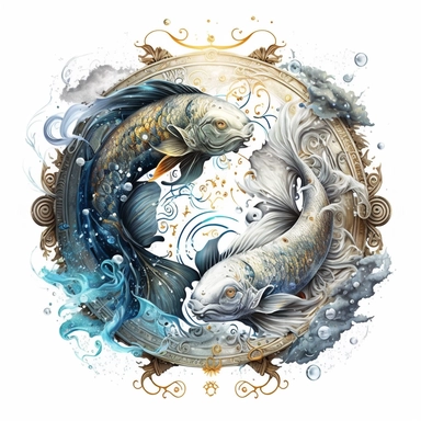 mystical astrological Pisces zodiac sign, fantasy, fairytale, astrological details, storybook, clipart, digital painting, light ink, very detailed, very realistic, white background, bright mood, 4k quality