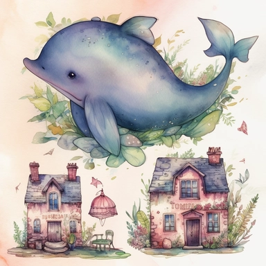 a cute Fairy Whale with House watercolor Clipart sublimation clipart graphic, full body, clipart, sticker, a single picture, cartoon style, highly detailed, 8k, one image in the frame--no text in the picture--