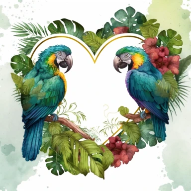 two parrots in a jungle heart frame, watercolor clipart, detailed, splashed, HD