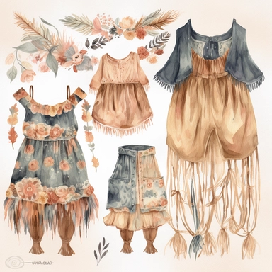 *Design a watercolor clipart featuring bohemian-style baby cloth such as flowy dress, romper, and fringed vest. Use earthy tones and delicate lines to capture the free-spirited vibe, white background