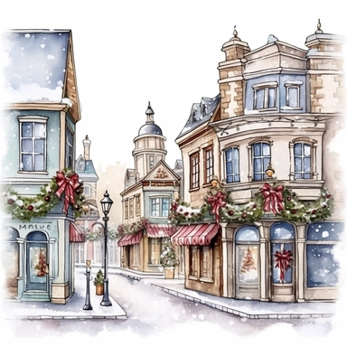 Christmas street, Ornamental watercolor, clipart, I can't believe how beautiful this is , style by Lucy Fleming, watercolor, smooth gradients, black contour outline, ultra detailed, clipart elements, delicate pastel colors, solid white background, super clear, high quality