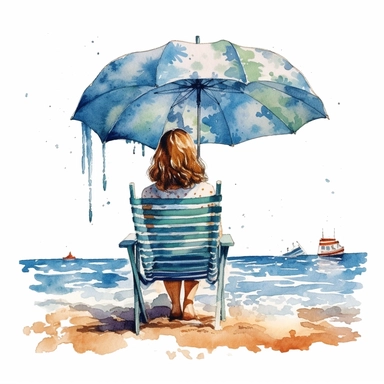 Vintage Cute Beautiful The girl lying on the beach chair and under the sea umbrella Back View Watercolor Sublimation Clipart,Cartoon, hyper realistic, intricate detail, illustration style,high solution,on the white background