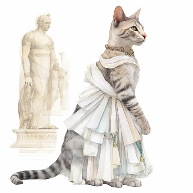 collage quirky cool collage Ancient Roman cat Felis catus clipart, Wearing a formal dress, detailed, clean line, hd, on white background, spaced out