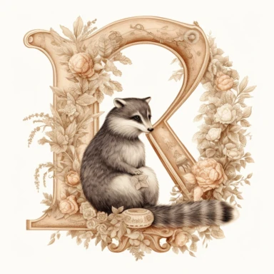 beautiful large ornate victorian alphabet font letter K decorated with victorian flowers with a small cute baby racoon clipart, white background