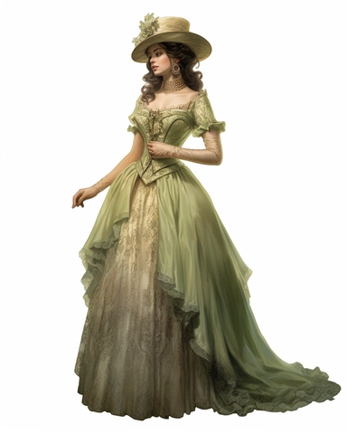 detailed beautiful lady , dressed in a sage victorian vintage dress on a party, hyper realistic, 8k, isolated on white backgorund, clipart
