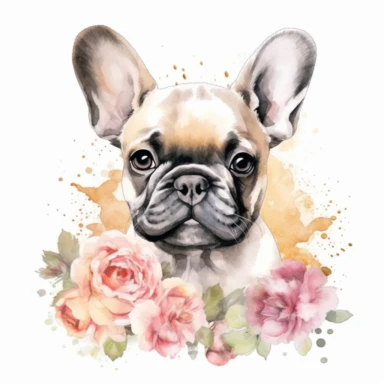 watercolour beautiful neutral white floral cute realistic French bulldog puppy with roses dahlias peonies beautifully detailed cute face perfect facial features and ears four perfect legs and paws beautiful cute realistic French bulldog puppy, png clipart, 300dpi, graphic clipart,computer graphics,high resolution print graphics