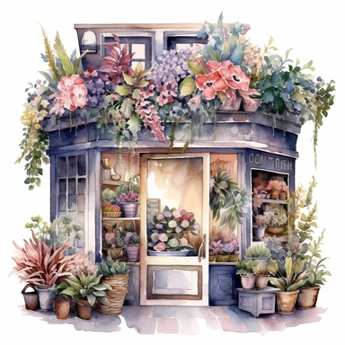 Big fantasy Watercolor floral Flower Shop store Clipart, make it detailed and creative, white background