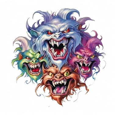 color watercolor monster ii illustration, in the style of caricature faces, spiky mounds, lively group compositions, fujifilm eterna vivid 500t, airbrushing, emphasizes emotion over realism, manticore Clipart desert cartoon t-shirt graphic, vector,contour, isolated on a white background