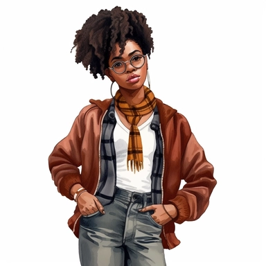 Black girl with old school fashion clothes, watercolor style, clipart solid white background