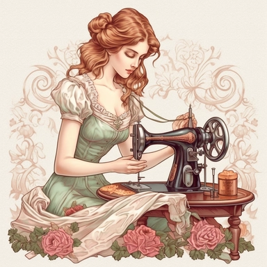 the victorian lady using a sewing machine to a dress clipart, in the style of victorian-inspired hyperrealistic illustrations, historical illustration, childlike illustration, stylish costume design, romantic illustrations, emotive colors, pastel flowers, victorian vintage color palette, cute and dreamy, realistic watercolors, realistic depictions of human form, white background