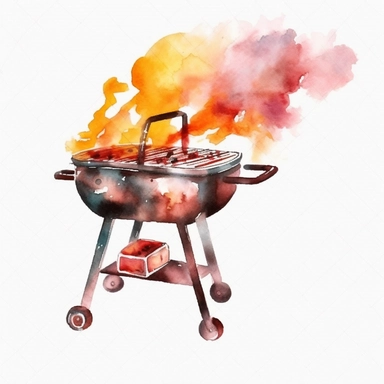 Watercolor A sizzling BBQ grill with smoke and flames clipart, Minimalist, isolated white background, 8k