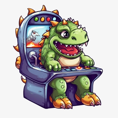 cute and funny little monster playing arcade videogame, transparent clipart graphic