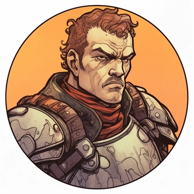 A Dungeons & Dragons character portrait circular tondo depicting a desert onsen knight, Craig Mullins Ashley Wood Bernard Buffet Josh Kirby, Mad Max Lord of the Rings Discworld, handpainted punk zine indie retrowave, clipart illustration, circular solid background circular border