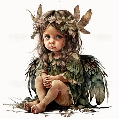 boho little fairy girl, big eyes, with wings on her back, beautiful, she is sitting facing west and her head is turned towards camera, very detailed and realistic, watercolor, white background with margins, clipart style
