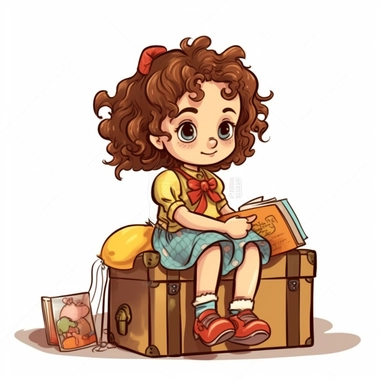 Cute little girl character sitting on a suitcase, no background, kids style, 2D, vector, good quality, Pixar children's book illustration, vector, cartoon character, hand drawing, clipart