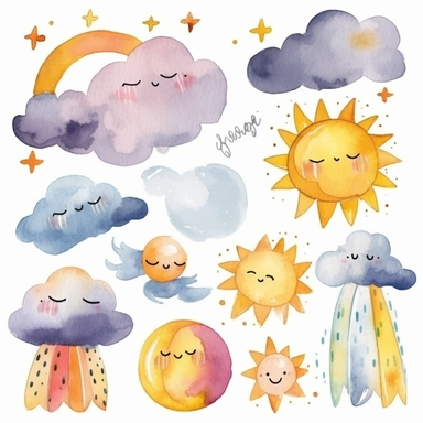 watercolor clipart graphics, weather theme, clouds, sun, rain, moon, wind, snow, lightning, sun, rainbow isolated elements, sticker set