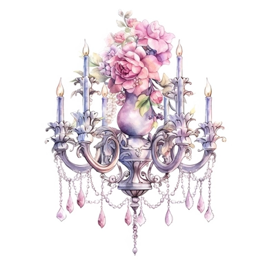 Make a clipart of a shabby chic, fairytale watercolor victorian chandelier, rococo, hd, white background