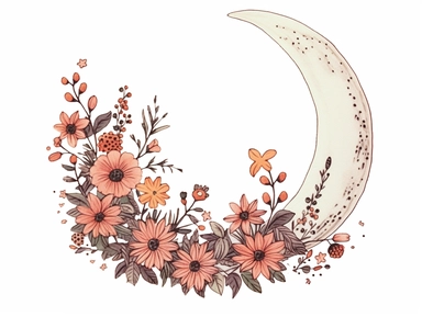 vintage pressed flowers, in a crescent moon shape, for a T-shirt graphic, minimalist, white background with margins, clipart style
