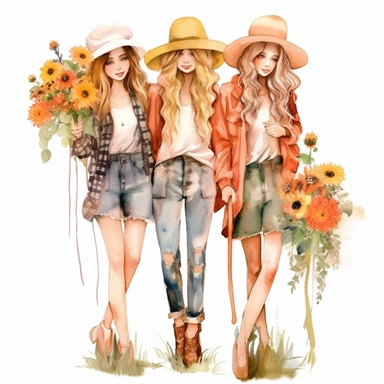 Country Girl Watercolor, Boho Girls clipart, Digital Watercolor Illustration Girl, Girl Flowers Clipart, Watercolor Fashion Girl