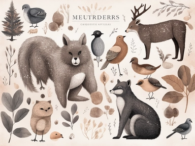 Woodland creatures clipart - a set of animal illustrations featuring forest creatures in different seasons and weather conditions, including a bear hibernating in winter, a family of ducks swimming in a pond in spring, a deer drinking from a river in summer, and a squirrel collecting acorns in autumn, drawn in a detailed and textured style with a muted color palette that captures the mood of each season,