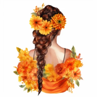 watercolor A woman's face, fullbody, back view White fabric leaves flowers Marigolds decorate hair, wedding dress with flowers Marigolds and leaves adorning her hair. hair up with flowers Marigolds vividly bold designs png Full body realistic cartoon in 32K UHD cute. 15 cm thick outline. Black color. There was no shadow on the ground. 8k with realistic watercolors. and detailed illustrations. PNG clipart, transparent white background