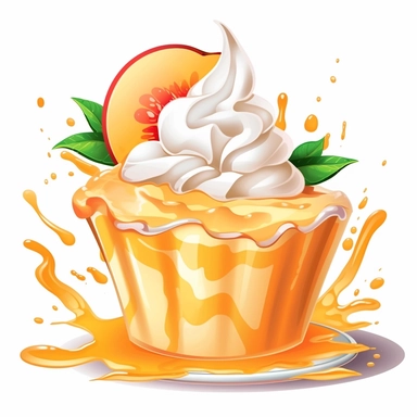 a cartoon clip art peach pie with a sliced peach in a whip cream dollop splash that looks delicious for gummy food packaging. Must have a white background with no drop shadow