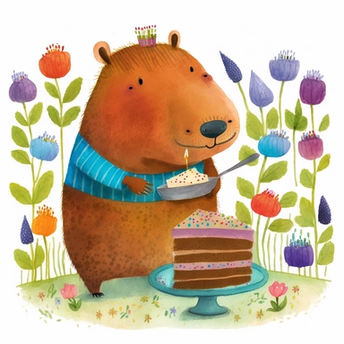 clipart, beautiful smiling,Capybara,wear beautiful apron, with cake, Usborne and Eric Carle,