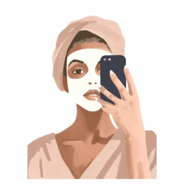 a watercolor sticker of a woman taking a selfie with face mask and towel on her hair. Clipart. Neutral beige faded color palette. White background. Artistic illustration. Minimal. Hand-drawn.