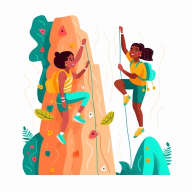 White background: discreet and minimalist, cute female leads climbers on the climbing wall , vector, sticker, isolated on white background, vibrant colors, lisa frank Clipart style. Simple, flat, 2D design with bold lines and a clear, make it cute.
