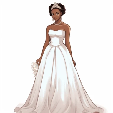 full body beautiful brown melanin 17 year old debutante wearing a white wedding gown, long white gloves and crown on her head with white background.. 300 dpi vector clipart.. character drawn with thick black lines like for a coloring book.. no watermarks.. white background