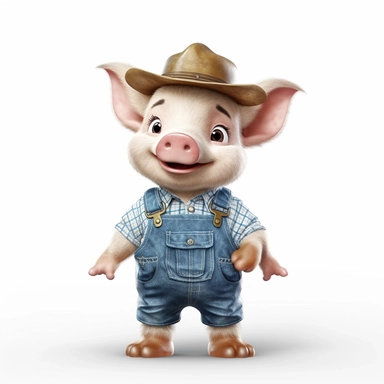 Adorable cute fantasy baby pig dressed like farmer standing in dynamic pose,front view,fullbody,sharp through out,happy expression, nursery art, clipart image, lineart image, white background, very detailed, 8k, composition wide shot