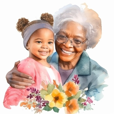 Mother's Day Clipart, Watercolor, Grandmother and Granddaughter, Black, Happiness, Love, Kindness, Life, Clipart, Photorealistic