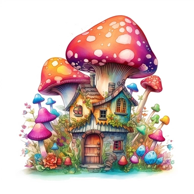 create an illustration featuring magical rainbow mushroom house clipart, small flowers, vibrant colors, magical, whimsical, fairytale, against a white background, harlequin cyberpunk, detailed
