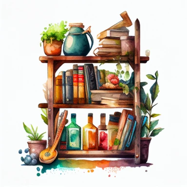 beautiful Watercolor clipart of a rustic book shelf filled with cook books and home items on isolated white background, insane detail