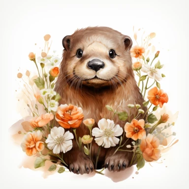 Whimsical otter on spring meadow watercolor clipart, white background