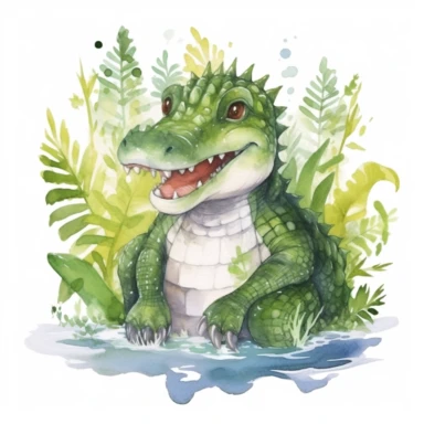 Watercolor crocodile in rainforest clipart, for childish cards, illustration style, on white background, detailed, hd