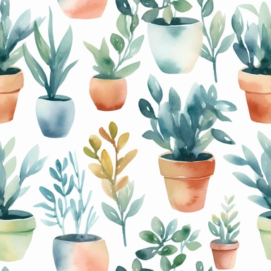 seamless pattern, colorful pot plant, spaced out, with spaces, light blue colors, watercolor clipart, white background, minimalist, abstract