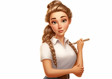 Cartoon Clipart of beautiful girl with braided hair, girl holding a blank board on white background, Norman Rockwell style is 20 years old holding white sheet poster, in the style of street style realism, uhd image, illustrated advertisements, eye-catching composition, photorealistic detail, light silver and brown, matte photo