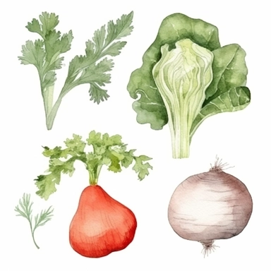basic watercolor carrot, lettuce head, tomato, garlic and onion in minimal hand drawn style, Etsy, textured, clipart, white background