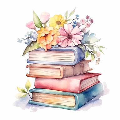 fantasy,cute,little,floral books ,digital watercolor,light colors,clipart,white background