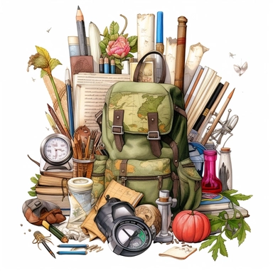 stationery, books, notebooks, pencils, backpacks, folders, globes, computers, and many more, illustrations, clipart, meticulously hand-illustrated, bringing the beauty of nature, white background
