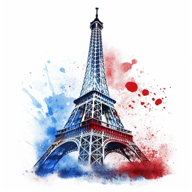 realistic and detailed eiffel tower with blue, white and red splash of watercolour in the background clipart on a white background