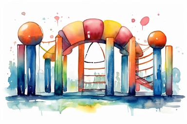 Watercolor, Generate a futuristic sports arena with balloons used as equipment and obstacles. clipart, hd, on a white background, spaced out