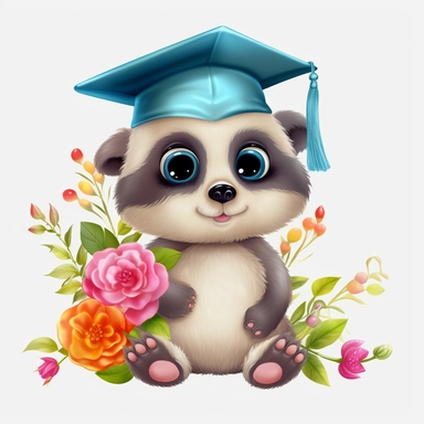 cute baby animals wearing graduation cap, flowers, in the style of Pixar, clipart, hd, on white background, - - ar 3:2, s 1000