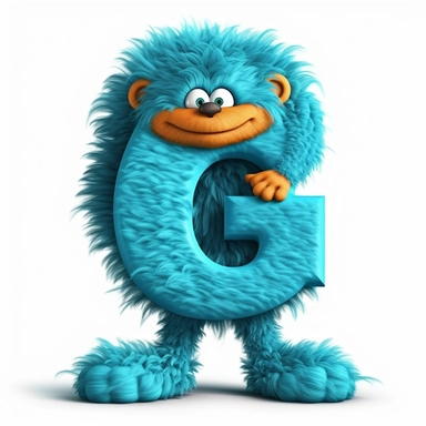 clipart style letter G, Dr. suess fluffy style with arms, legs and friendly cute face for children