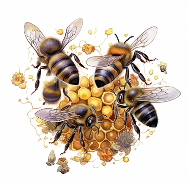 watercolor, A composition featuring multiple bees in various poses, each with pollen baskets on their hind legs, showcasing a diverse collection of pollen grains and highlighting the diverse pollination efforts of bees. (Digital drawing clipart, image black border color, full body, transparent background)