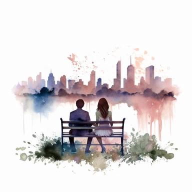 Create a watercolor clipart of a bride and groom sitting together on a park bench, with a city skyline in the distance. No Background